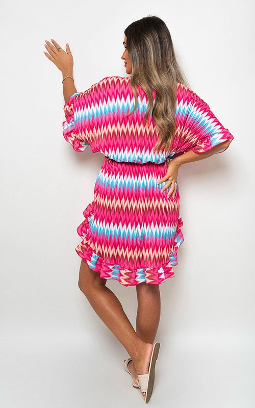 Zigzag Print Pleated Button Up Shirt Dress - pink / L/XL