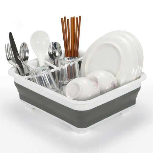 Vinsani Collapsible Folding Quality Dish Drainer Cutlery Plate Holder Drying Rack - White & Grey