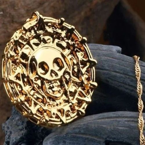 Pirate Skull Round Pendant Necklace Men’s Necklace New Fashion Metal Sweater Chain Accessories Party Jewelry - Gold