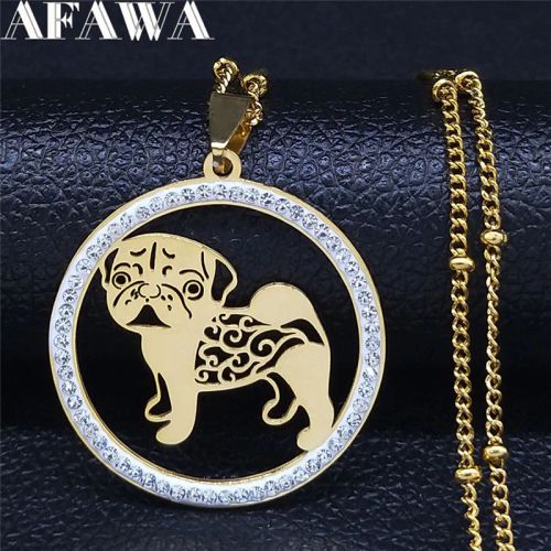 Pug Dog Stainless Steel Crystal Necklace Pendant Women Gold Color Chain Necklace Jewelry bijoux femme N133S01 - A 50cm