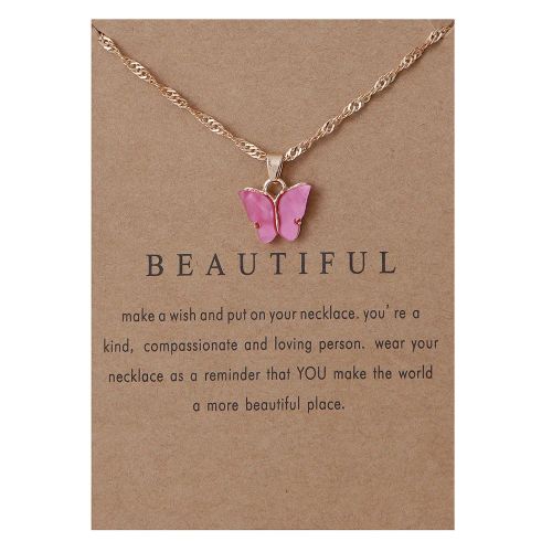 Korean Acrylic Cute Butterfly Pendant Necklace for Women Sweet animal Statement Necklace Jewelry With Gifts Card