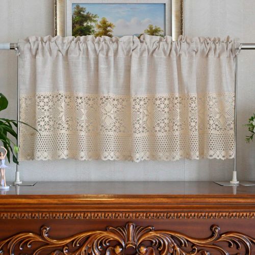 AiFish Handmade Cotton Linen Kitchen Curtains with Crochet Lace Valance