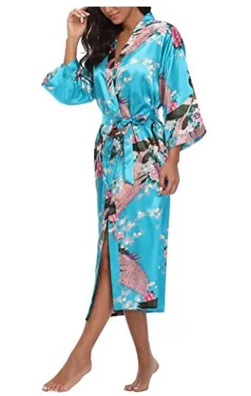 CINOLE Floral Print Kimono Bathrobe - Comfortable Summer Lounge Wear - lake blue / M