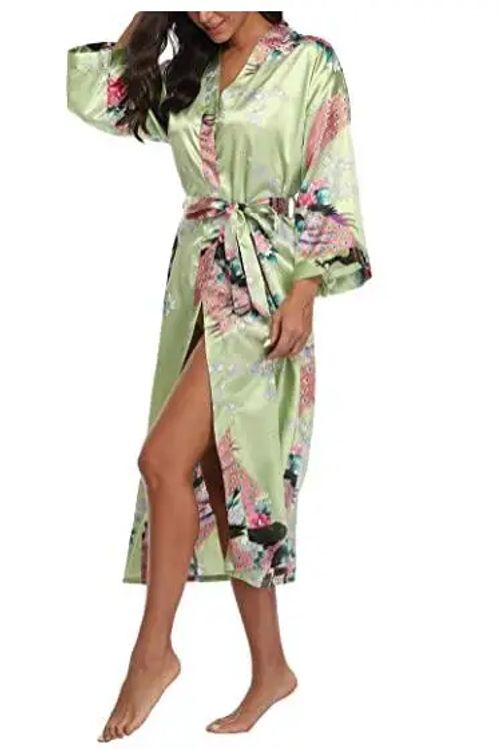 CINOLE Floral Print Kimono Bathrobe - Comfortable Summer Lounge Wear - green / XXL