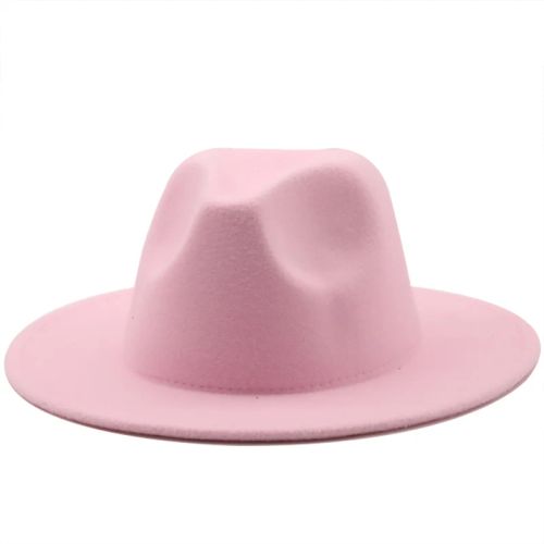Jiangxihuitian Wide Brim Fedora Hat - Stylish Wool Felt for All Seasons - pink / 56-58CM