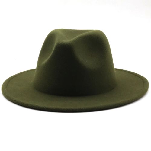 Jiangxihuitian Wide Brim Fedora Hat - Stylish Wool Felt for All Seasons - Army Green / 58-61CM