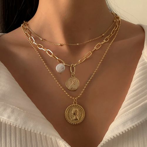 Goth Baroque Imitation Pearl Coin Portrait Pendant Necklace Women Vintage Multi Layer Link Chain Necklace Punk