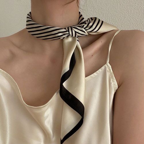 LUNA&DOLPHIN Silk Scarf - Fashionable Striped Neckerchief 55x55cm - beige strip