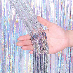 Yaobener 2M x 1M Laser Tinsel Foil Curtain for Party Decorations - Laser silver