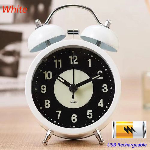 Twin Bell Loud Alarm Clock with Backlight - Silent Non-Ticking Quartz Design - Rechargeable -White