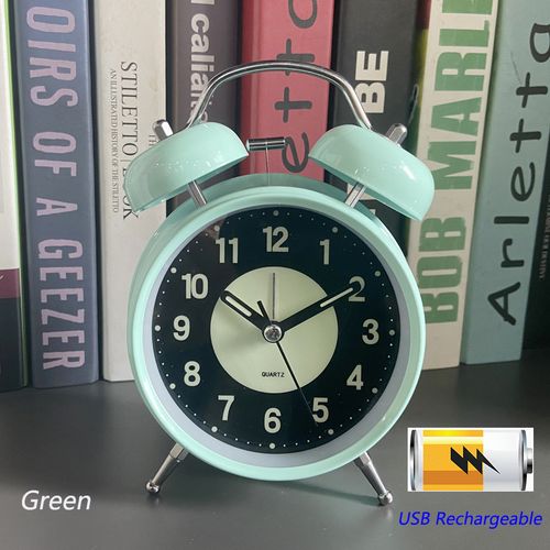 Twin Bell Loud Alarm Clock with Backlight - Silent Non-Ticking Quartz Design - Rechargeable -Green