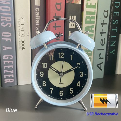 Twin Bell Loud Alarm Clock with Backlight - Silent Non-Ticking Quartz Design - Rechargeable -Blue