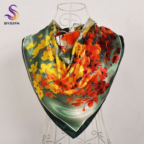 BYSIFA Floral Satin Square Scarf - Stylish & Versatile Accessory - green floral