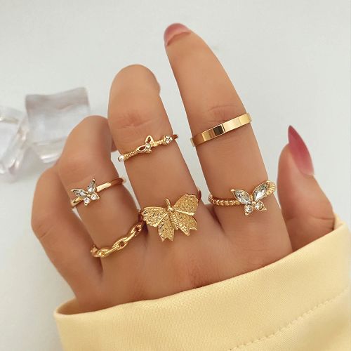 KISSWIFE Vintage Green Gem Rings Set - Elegant Fashion Finger Rings
