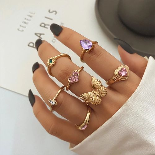 KISSWIFE Vintage Green Gem Rings Set - Elegant Fashion Finger Rings