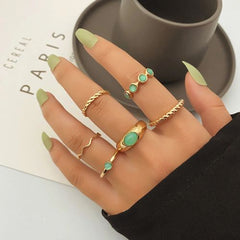 KISSWIFE Vintage Green Gem Rings Set - Elegant Fashion Finger Rings