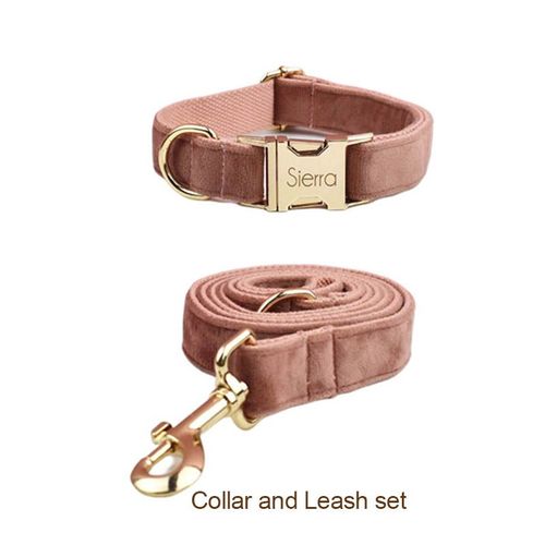 Personalised Velvet Dog Collar & Leash Set | Custom Engraved Pet Supplies - collar and leash set / XL