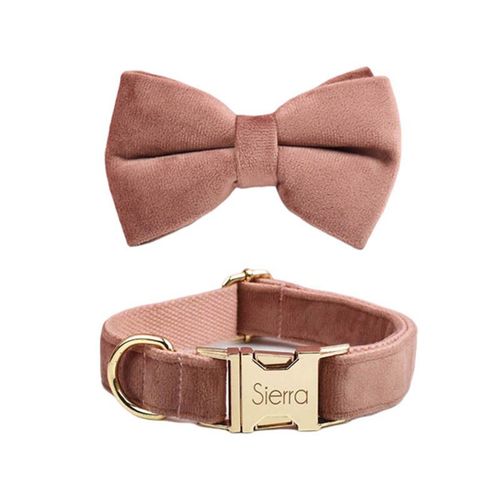 Personalised Velvet Dog Collar & Leash Set | Custom Engraved Pet Supplies - Bow Collar / M