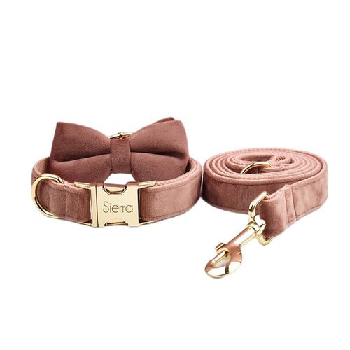 Personalised Velvet Dog Collar & Leash Set | Custom Engraved Pet Supplies - Bow Collar Leash Set / XS
