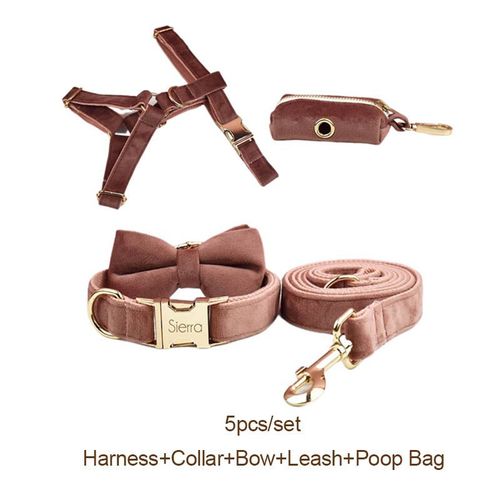 Personalised Velvet Dog Collar & Leash Set | Custom Engraved Pet Supplies - 5pcs set / L