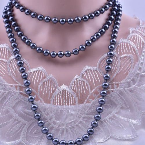 QIMOIR Long Drop Glass Necklace - Elegant Multi-layer Necklace Accessory - Grey Glass Pearl NK