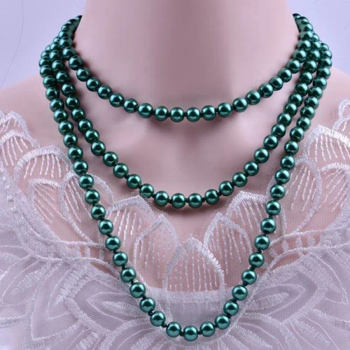 QIMOIR Long Drop Glass Necklace - Elegant Multi-layer Necklace Accessory - Green Glass Pearl NK