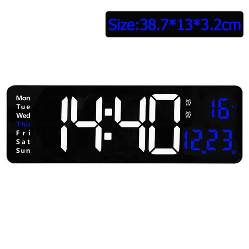 Digital Wall Clock LED Display with Remote Control & Dual Alarms - Blue Temp Date