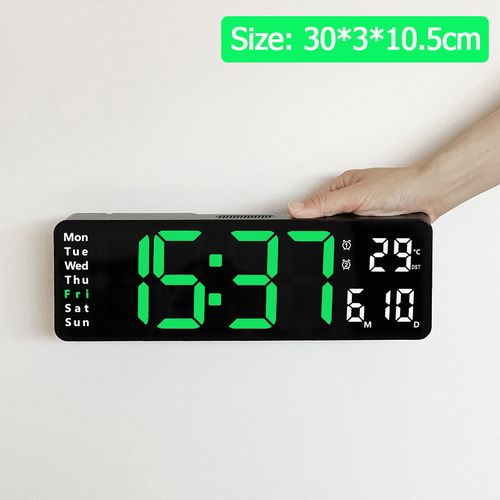 Digital Wall Clock LED Display with Remote Control & Dual Alarms - Black shell-Green