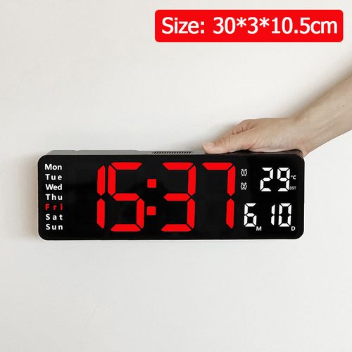 Digital Wall Clock LED Display with Remote Control & Dual Alarms - Black shell-Red