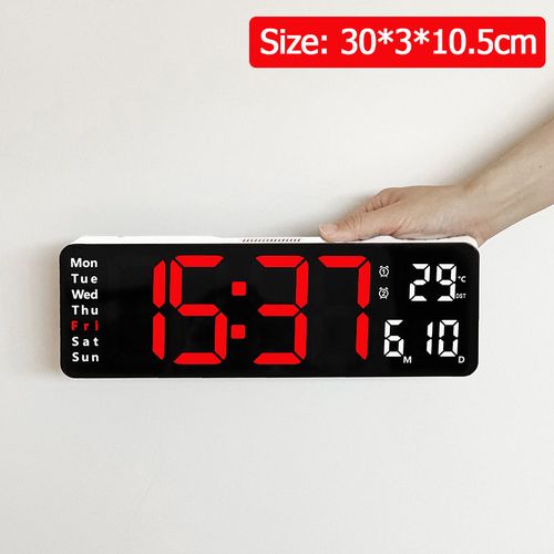 Digital Wall Clock LED Display with Remote Control & Dual Alarms - White shell-Red