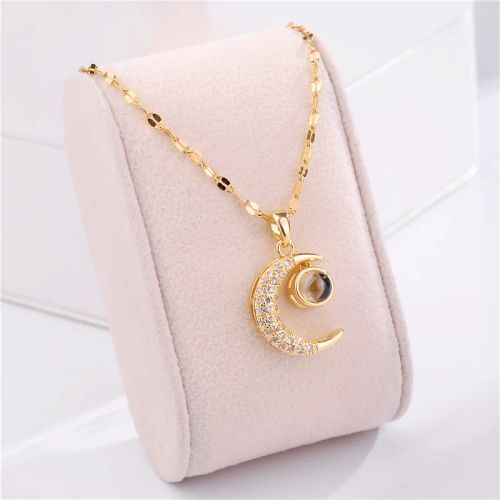 DIEYURO Moon Projection Pendant Necklace with Luxury Rhinestones - N1425