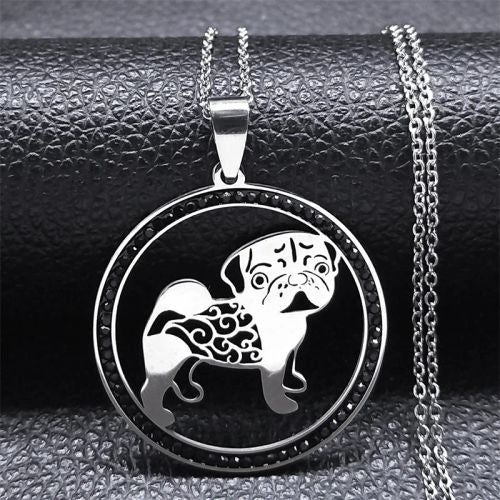 Pug Dog Stainless Steel Crystal Necklace Pendant Women Gold Color Chain Necklace Jewelry bijoux femme N133S01