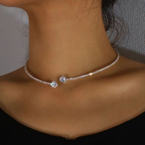 Stonefans Heart Collar Choker Necklace - Trendy Rhinestone Accessory - Silver / Type 1