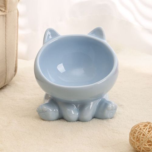 Cute Ceramic Cat Bowl - High Feet Design for Healthy Eating - Pet Supplies - BLUE