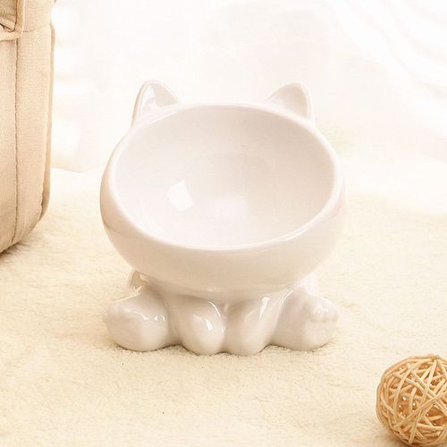 Cute Ceramic Cat Bowl - High Feet Design for Healthy Eating - Pet Supplies - WHITE