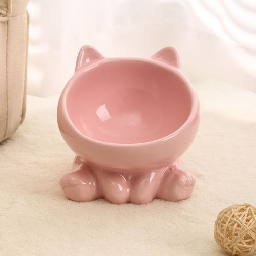 Cute Ceramic Cat Bowl - High Feet Design for Healthy Eating - Pet Supplies - PINK