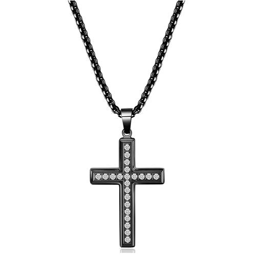 VQYSKO Diamond Cross Pendant Necklace - Fashionable Religious Jewellery - Black
