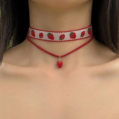 Salircon Gothic Strawberry Choker - Exquisite Velvet Y2K Necklace - Red