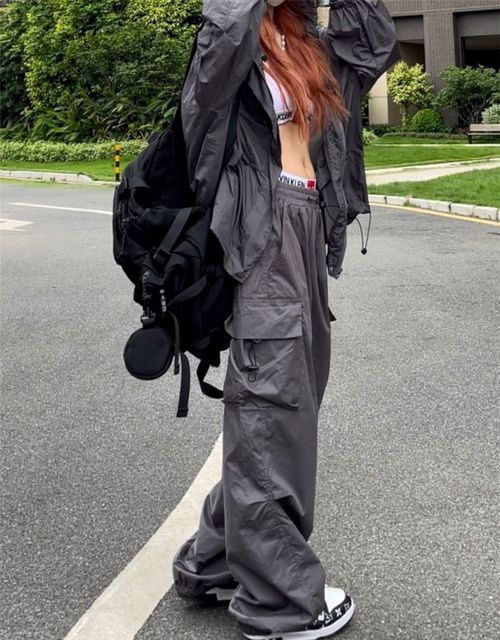 JEYONGZOO Oversized Cargo Trousers with Pockets for Trendy Streetwear - GRAY / XL