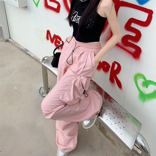 JEYONGZOO Oversized Cargo Trousers with Pockets for Trendy Streetwear - Pink / L
