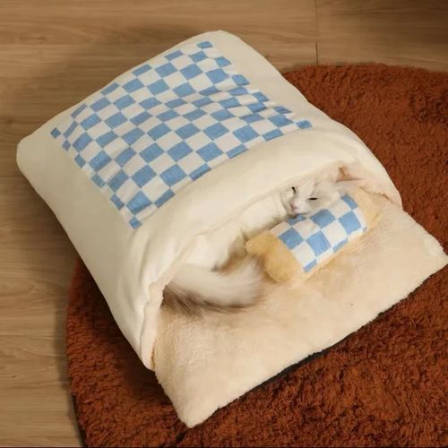 Warm Plush Cat Sleeping Bag Cave - Cozy Winter Pet Bed - Blue grid / 55X40cm
