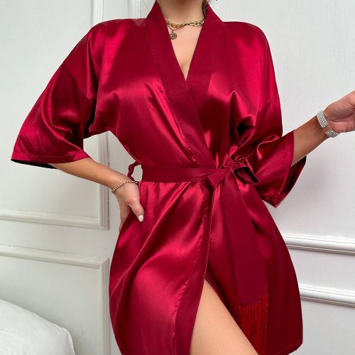 Elegant Ice Silk Kimono Nightdress | Comfortable Mid-Calf Robe - Red / XL