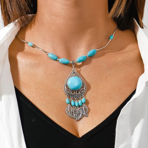 Tenande Bohemia Elephant Necklace - Turquoise Stone Statement Choker - style 507