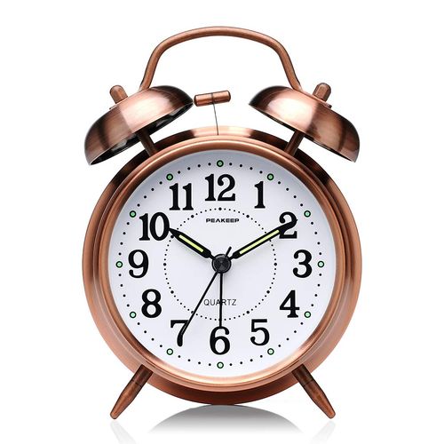 Twin Bell Loud Alarm Clock with Backlight - Silent Non-Ticking Quartz Design - AA Battery-Red Brown