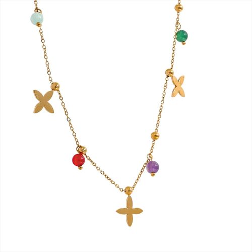 Yhpup Aesthetic Waterproof Natural Stone Flower Pendant Necklace - YH2390A Gold