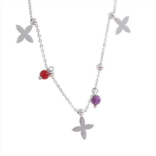 Yhpup Aesthetic Waterproof Natural Stone Flower Pendant Necklace - YH2390A Platinum