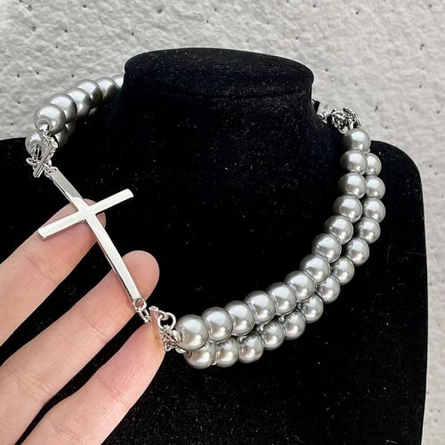 YWZIXLN Simulated Pearl Cross Necklace - Elegant Fashion Accessory - N0431-gray