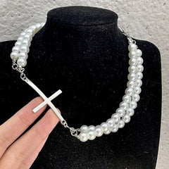 YWZIXLN Simulated Pearl Cross Necklace - Elegant Fashion Accessory