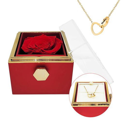 Eternal Flower Necklace & Revolving Box - Romantic Gift Set - No Engraved Name / Red Gold