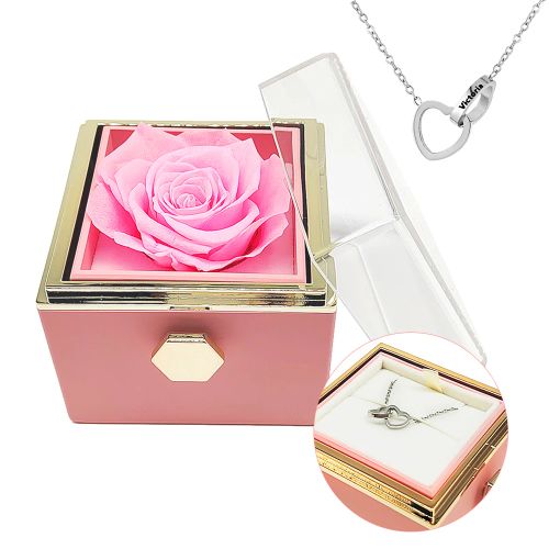 Eternal Flower Necklace & Revolving Box - Romantic Gift Set - No Engraved Name / Pink Silver